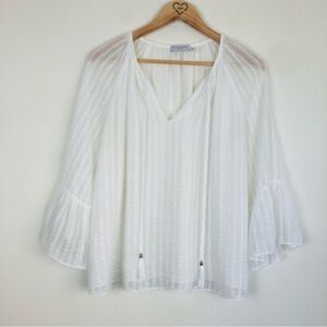 Ramy Brook Lola white bell sleeve tie neck white semi-sheer top. Size Large